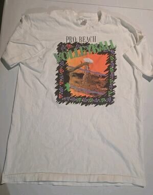 Vintage 90s Pro Beach Volleyball T Shirt XL Made USA Neon Graphic White